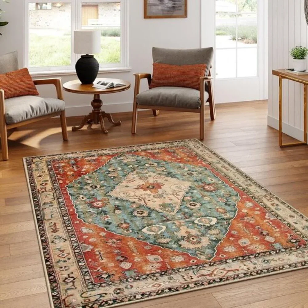 5x7 Boho Tribal Rug, Washable Distressed Rust/Teal Carpet for Living & Dining